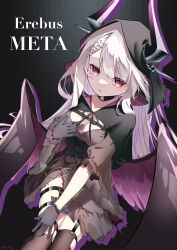 Rule 34 | 1girl, absurdres, azur lane, black background, black capelet, black choker, black dress, black gloves, black hood, black thighhighs, black wings, braid, breasts, capelet, character name, choker, dress, erebus (azur lane), erebus (meta) (azur lane), feathered wings, frilled dress, frills, gloves, highres, hood, horned hood, horns, long hair, looking at viewer, marimo daifuku, parted lips, red eyes, signature, simple background, slit pupils, small breasts, solo, thigh strap, thighhighs, torn clothes, torn dress, torn thighhighs, white hair, wings
