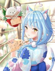 Rule 34 | 1girl, ahoge, animal ears, bell, blue flower, blue hair, blue nails, blue ribbon, blurry, blurry background, blush, calligraphy brush, card, carnation, cat ears, cat tail, commentary request, daifuku (yukihana lamy), floral print, flower, hair ornament, hairpin, heart, heart ahoge, highres, holding, holding card, holding paintbrush, hololive, japanese clothes, jingle bell, kimono, long hair, long sleeves, looking at viewer, looking back, low twintails, nail polish, obi, paintbrush, parted lips, pink flower, pointy ears, ribbon, riroi, sash, scrunchie, solo, tail, translation request, twintails, upper body, virtual youtuber, white flower, wide sleeves, yellow eyes, yukihana lamy, yukihana lamy (new year)