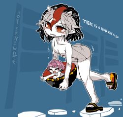 Rule 34 | 2girls, alternate costume, ass, black hair, blush stickers, bowl, breasts, carrying, collarbone, cone horns, cuts, english text, exhausted, eyes visible through hair, grey hair, horns, injury, kijin seija, multiple girls, naked towel, parted lips, platform footwear, pointy ears, red eyes, red hair, sandals, short hair, small breasts, sparkle, sukuna shinmyoumaru, thighs, touhou, towel, walking, yt (wai-tei)
