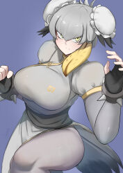 Rule 34 | 1girl, black gloves, black hair, blush, bracelet, breasts, bun cover, capcom, china dress, chinese clothes, chun-li, chun-li (cosplay), closed mouth, cosplay, double bun, dress, fighting stance, fingerless gloves, gloves, grey hair, hair between eyes, hair bun, head wings, highres, japari symbol, jewelry, john (a2556349), kemono friends, kemono friends 3, large breasts, looking at viewer, multicolored hair, pantyhose, pelvic curtain, puffy short sleeves, puffy sleeves, shoebill (kemono friends), short sleeves, sidelocks, solo, spiked bracelet, spikes, street fighter, tail, wings