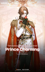 Rule 34 | 1boy, black gloves, black pants, brown eyes, brown hair, cape, commentary, english commentary, english text, epaulettes, flower, gloves, grimlight, highres, holding, holding flower, male focus, official art, one eye closed, pants, prince, prince charming (grimlight), rapier, red cape, red flower, red rose, rose, solo, sword, wavy hair, weapon