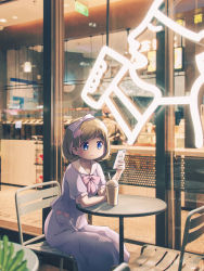Rule 34 | 1girl, blue eyes, bow, brown hair, cellphone, closed mouth, cup, disposable cup, dress, drinking straw, hair bow, hand up, highres, holding, holding phone, langbazi, looking away, love live!, love live! superstar!!, on chair, phone, pink bow, polka dot, polka dot bow, puffy short sleeves, puffy sleeves, purple dress, sailor collar, sailor dress, short hair, short sleeves, signature, sitting, smile, solo, table, tang keke, thick eyebrows, white bow, white sailor collar, window