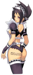 Rule 34 | 1girl, apron, ass, ass tattoo, back, black hair, black thighhighs, breasts, choker, covered erect nipples, elbow gloves, frills, from behind, gloves, hair ornament, hair up, hairband, hairclip, looking back, maid, maid apron, maid headdress, maruta kentarou, panties, red eyes, sideboob, small breasts, smile, solo, tattoo, thighhighs, thong, underwear