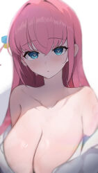 Rule 34 | 1girl, absurdres, archi (aruki), bare shoulders, blue eyes, blue hair, blush, bocchi the rock!, breasts, cleavage, collarbone, commentary request, cube hair ornament, gotoh hitori, hair between eyes, hair ornament, heart, heart-shaped pupils, highres, large breasts, long hair, looking at viewer, pink hair, simple background, solo, symbol-shaped pupils, upper body, white background