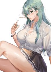 Rule 34 | 1girl, aqua hair, bare legs, blouse, blush, breasts, candy, cleavage, collarbone, commentary request, earrings, food, from side, green eyes, hair ornament, hairclip, highres, inusaka, jewelry, kantai collection, long hair, looking at viewer, mouth hold, nail polish, oekaki, open clothes, open shirt, pocky, school uniform, shirt, simple background, single earring, sitting, skirt, sleeves rolled up, solo, suzuya (kancolle), sweat, sweatdrop, white background, wristband