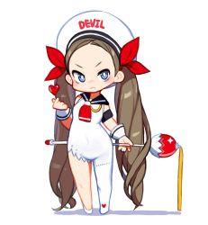 Rule 34 | 1girl, black sailor collar, blue eyes, bright pupils, brown hair, covered navel, hair ribbon, hand up, heart, long hair, neckerchief, original, red neckerchief, red ribbon, ribbon, rinotuna, sailor collar, scepter, shadow, simple background, sleeveless, solo, twintails, very long hair, white background, white headwear, white pupils