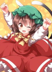Rule 34 | 1girl, animal ears, arms up, blush, bow, bowtie, brown eyes, brown hair, cat ears, cat tail, chen, clenched hands, earrings, fang, frilled skirt, frills, green hat, happy, hat, highres, jewelry, long sleeves, mandarin collar, mob cap, multiple tails, one-hour drawing challenge, one eye closed, open mouth, orange skirt, orange vest, ruu (tksymkw), shirt, short hair, single earring, skin fang, skirt, solo, tail, touhou, two tails, upper body, vest, white shirt, yellow bow, yellow bowtie