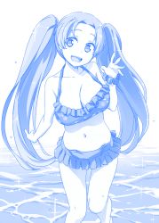 Rule 34 | 1girl, :d, bikini, blue theme, breasts, cleavage, collarbone, female focus, frilled bikini, frills, groin, hair ornament, hairclip, halterneck, himura kiseki, large breasts, long hair, monochrome, navel, open mouth, original, scrunchie, smile, solo, sparkle, swimsuit, twintails, very long hair, water, wet