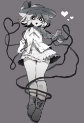 Rule 34 | 1girl, :d, absurdres, boots, bow, full body, greyscale, hair between eyes, hat, hat bow, heart, heart-shaped pupils, heart of string, highres, komeiji koishi, long sleeves, looking at viewer, mikomo0106, monochrome, open mouth, pleated skirt, shirt, short hair, simple background, skirt, smile, solo, symbol-shaped pupils, third eye, touhou