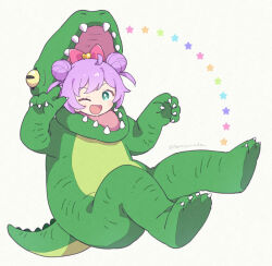 Rule 34 | 1girl, ;d, ahoge, animal costume, blush, bow, commentary request, crocodile costume, double bun, full body, green eyes, hair bow, hair bun, hands up, looking at viewer, manaka laala, manaka laala (young), one eye closed, open mouth, pink bow, pretty series, pripara, purple hair, short hair, simple background, sitting, smile, solo, star (symbol), terayamaden, v, white background
