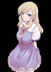 1girl arms_behind_back belt black_background blonde_hair blue_eyes blush bow bowtie breasts closed_mouth commentary_request cowboy_shot dress futaba_suetsuki highres idolmaster idolmaster_cinderella_girls long_hair looking_at_viewer medium_breasts ohtsuki_yui open_mouth pink_dress red_bow short_sleeves simple_background smile solo