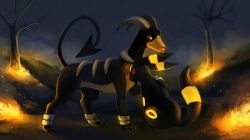 Rule 34 | absurdres, back, bad deviantart id, bad id, black theme, burning, claws, commentary, creature, creatures (company), fire, full body, game freak, gen 2 pokemon, glitchedpuppet, hand on back, highres, horns, houndoom, looking at viewer, night, night sky, nintendo, no humans, pokemon, pokemon (creature), red eyes, sitting, sky, standing, tongue, tongue out, tree, umbreon