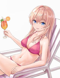 Rule 34 | 1girl, :p, absurdres, bad id, bad pixiv id, beach chair, bikini, blue eyes, blush, breasts, cleavage, closed mouth, commentary request, cup, drinking glass, food, fruit, fujizarashi, hair between eyes, highres, holding, holding cup, juice, long hair, looking at viewer, medium breasts, nail polish, navel, orange (fruit), orange juice, orange slice, original, pink bikini, pink hair, simple background, sitting, solo, stomach, swimsuit, tongue, tongue out, white background
