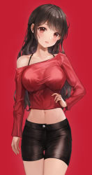 Rule 34 | 1girl, bare shoulders, black hair, black shorts, bra strap, braid, breasts, buttons, collarbone, cowboy shot, crop top, hand on own hip, highres, large breasts, long hair, long sleeves, looking at viewer, lunacle, midriff, navel, off-shoulder shirt, off shoulder, original, parted lips, red background, red eyes, red shirt, shirt, short shorts, shorts, sidelocks, simple background, single bare shoulder, solo, standing, stomach, thigh gap