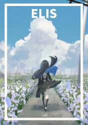 Rule 34 | 1girl, absurdres, backless dress, backless outfit, black dress, black footwear, black hair, blue hair, cityscape, cloud, colored inner hair, commentary, dress, english commentary, field, flower, flower field, from behind, full body, highres, instrument case, long hair, mechanical legs, multicolored hair, punishing: gray raven, puyuyan, scenery, selena: tempest (punishing: gray raven), selena (punishing: gray raven), single mechanical leg, sky, solo