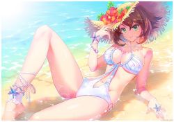 Rule 34 | 1girl, ankle garter, breasts, brown hair, carnelian, cleavage, clothing cutout, collarbone, criss-cross halter, day, earrings, flower, green eyes, halterneck, hat, hat flower, jewelry, kantai collection, large breasts, leg up, light smile, looking at viewer, lying, mutsu (kancolle), navel, navel cutout, o-ring, o-ring swimsuit, one-piece swimsuit, outdoors, partially submerged, short hair, solo, sparkle, straw hat, sun hat, swimsuit, white one-piece swimsuit