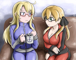 Rule 34 | 2girls, admiral paru, ahoge, alternate costume, anchor symbol, bespectacled, blue eyes, blush, breasts, cleavage, coffee mug, commission, couch, cup, frown, glasses, green eyes, hair ribbon, highres, iowa (kancolle), kantai collection, large breasts, mug, multiple girls, prinz eugen (kancolle), red-framed eyewear, ribbon, smile, steam, track suit, twintails, twitter username