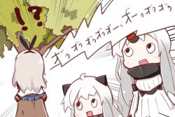 Rule 34 | !?, 10s, 3girls, abyssal ship, ahoge, blonde hair, chibi, colored skin, dress, hairband, horns, kantai collection, long hair, multiple girls, northern ocean princess, nuu (nu-nyu), open mouth, pale skin, seaport princess, shimakaze (kancolle), simple background, single horn, skirt, striped clothes, striped legwear, striped thighhighs, surprised, thighhighs, tree, white background, white dress, white hair, white skin