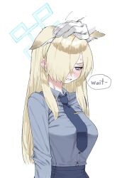 Rule 34 | 1girl, 1other, animal ear fluff, animal ears, averting eyes, blonde hair, blue archive, blue necktie, blue shirt, blue skirt, blush, breasts, disembodied hand, english text, hair over one eye, halo, hand on another&#039;s head, highres, kanna (blue archive), large breasts, long hair, lonklink, looking down, necktie, one eye covered, sharp teeth, shirt, shirt tucked in, simple background, skirt, solo focus, speech bubble, straight hair, sweatdrop, teeth, upper body, very long hair, white background