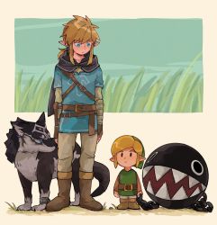 Rule 34 | 2boys, animal, belt, blonde hair, blue eyes, boots, brown footwear, brown gloves, chain chomp, cloak, earrings, expressionless, fangs, fingerless gloves, gloves, grass, highres, hood, hood down, hooded cloak, jewelry, link, wolf link, looking at another, low ponytail, lulu 7825, multiple boys, multiple persona, nintendo, pointy ears, standing, strap, the legend of zelda, the legend of zelda: breath of the wild, the legend of zelda: link&#039;s awakening, the legend of zelda: twilight princess, wolf
