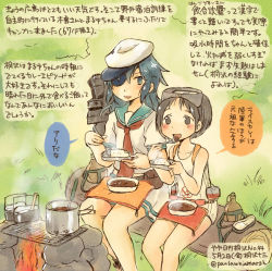 Rule 34 | 10s, 2girls, campfire, colored pencil (medium), curry, curry rice, dated, diving mask, diving mask on head, eating, eyepatch, food, goggles, goggles on head, hat, kantai collection, kirisawa juuzou, kiso (kancolle), long hair, maru-yu (kancolle), multiple girls, neckerchief, numbered, one-piece swimsuit, personification, rice, school swimsuit, school uniform, serafuku, short hair, spoon, swimsuit, traditional media, translation request, twitter username, white one-piece swimsuit, white school swimsuit