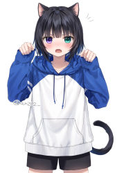 Rule 34 | 1boy, animal ear fluff, animal ears, anz32, black hair, black shorts, blush, cat boy, cat ears, cat tail, collarbone, commentary request, cowboy shot, drawstring, fang, green eyes, hands up, heterochromia, hood, hood down, hoodie, long sleeves, looking at viewer, male focus, open mouth, original, purple eyes, short shorts, shorts, simple background, sleeves past wrists, solo, standing, tail, twitter username, white background, white hoodie
