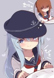 Rule 34 | 2girls, alternate breast size, anchor symbol, black sailor collar, blue eyes, blush, breasts, brown eyes, brown hair, collarbone, commentary, folded ponytail, grey background, hair between eyes, hat, heart, hibiki (kancolle), highres, inazuma (kancolle), kantai collection, long hair, long sleeves, looking at viewer, medium breasts, multiple girls, neckerchief, pout, red neckerchief, sailor collar, school uniform, serafuku, shaded face, shirt, simple background, suzuki toto, translation request, white shirt