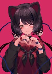 Rule 34 | 1girl, absurdres, ami no fuda, animal ears, bandaid, bandaid on hand, bandaid on wrist, black choker, black hair, black nails, blue neckerchief, choker, closed mouth, dog ears, fang, heart, heart-shaped pupils, heart hands, heterochromia, highres, inui toko, kyuuto na kanojo (cevio), long hair, looking at viewer, low twintails, nail polish, neckerchief, nijisanji, red background, red eyes, red sailor collar, red serafuku, red skirt, sailor collar, school uniform, serafuku, simple background, skin fang, skirt, smile, solo, swept bangs, symbol-shaped pupils, twintails, upper body, very long hair, virtual youtuber, yellow eyes