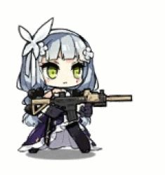 Rule 34 | animated, animated gif, assault rifle, blue hair, bow, butterfly hair ornament, dress, frilled dress, frills, full body, girls&#039; frontline, gun, h&amp;k hk416, hair ornament, heckler &amp; koch, hk416 (girls&#039; frontline), hk416 (starry cocoon) (girls&#039; frontline), holding, holding weapon, leggings, lowres, non-web source, official alternate costume, rifle, simple background, solo, weapon, white background, yellow eyes