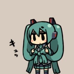 Rule 34 | 1girl, aqua eyes, aqua necktie, beige background, black eyes, blouse, blue hair, blush stickers, boots, bow, bow-shaped hair, chan co, chibi, collared shirt, detached sleeves, duplicate, full body, grey shirt, hair ornament, hatsune miku, headphones, long hair, necktie, pleated skirt, shirt, simple background, skirt, solo, standing, thigh boots, thighhighs, twintails, very long hair, vocaloid, zettai ryouiki