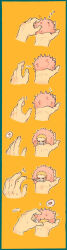 Rule 34 | ..., ?, blonde hair, chibi, coat, comic, disembodied hand, donquixote doflamingo, grin, heart, highres, holding, long sleeves, moko (gloriaaaaaa), one piece, orange background, pink coat, scratching, short hair, size difference, smile, speech bubble, string, sunglasses, sweatdrop, zzz