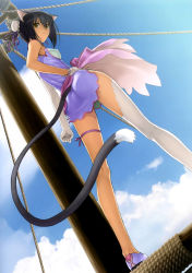 Rule 34 | 10s, 1girl, absurdres, animal ears, ankle ribbon, armpits, ass, asymmetrical clothes, black hair, blue sky, breasts, brown eyes, bun cover, cat ears, cat tail, china dress, chinese clothes, choker, cleavage, clothing cutout, cloud, coin, day, double bun, dress, dutch angle, elbow gloves, flat chest, from behind, from below, gloves, hair bun, hand on own hip, highres, hip focus, leg ribbon, looking at viewer, looking back, medium breasts, outdoors, ribbon, rope, sega, shaomei rin, shining (series), shining hearts, shining world, short dress, short hair, single elbow glove, single glove, single thighhigh, sky, smile, solo, standing, tail, tail through clothes, thigh ribbon, thigh strap, thighhighs, tony taka, white gloves, white thighhighs, yellow eyes