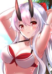 Rule 34 | 1girl, absurdres, armpits, arms behind head, arms up, bikini, blurry, blurry background, blush, bow, breasts, cleavage, collarbone, commentary request, depth of field, fate/grand order, fate (series), hair between eyes, hair bow, halterneck, highres, horns, large breasts, long hair, looking at viewer, oni, oni horns, parted lips, red bow, red eyes, shibakame, silver hair, solo, swimsuit, tomoe gozen (fate), upper body, white bikini