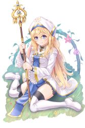 Rule 34 | 1girl, absurdres, blonde hair, blue eyes, boots, breasts, demorisshu, dress, flower, goblin slayer!, grass, habit, hair between eyes, hat, highres, holding, holding staff, long hair, long sleeves, looking at viewer, on grass, priestess (goblin slayer!), sitting, small breasts, solo, staff, thigh boots, transparent background, white dress, white footwear, white hat