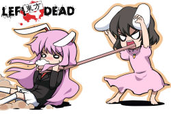 Rule 34 | 2girls, animal ears, arms up, barefoot, black hair, blazer, carrot, dress, female focus, foam, foaming at the mouth, inaba tewi, jacket, left 4 dead, long tongue, multiple girls, necktie, o o, parody, pink dress, purple hair, rabbit ears, reisen udongein inaba, short hair, skirt, smoker (left4dead), socks, tongue, tongue out, touhou, youkan