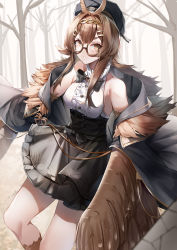 Rule 34 | 1girl, absurdres, bare shoulders, black bow, black bowtie, black hat, black jacket, black skirt, bow, bowtie, breasts, brown eyes, brown hair, clover theater, commentary request, eyewear strap, feathered wings, glasses, hair ornament, hairclip, harpy, hat, high-waist skirt, highres, jacket, long hair, looking at viewer, lubikaya, medium breasts, monster girl, norris (clover theater), off shoulder, open clothes, open jacket, outdoors, parted lips, semi-rimless eyewear, shirt, skirt, sleeves past wrists, solo, standing, thick eyebrows, white shirt, winged arms, wings