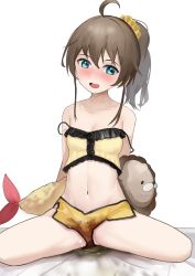 Rule 34 | 1girl, ahoge, bed, blue eyes, brown hair, highres, hololive, natsuiro matsuri, navel, numaduke, open mouth, peeing, peeing self, ponytail, smile, solo, virtual youtuber, wet, wet clothes
