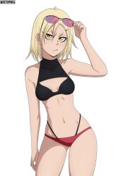 Rule 34 | 1girl, absurdres, bikini, bleach, blonde hair, blush, breasts, cleavage, closed mouth, collarbone, eyewear on head, fang, freckles, hair down, highres, looking at viewer, mistowing, navel, sarugaki hiyori, short hair, simple background, small breasts, solo, sunglasses, swimsuit, white background, yellow eyes