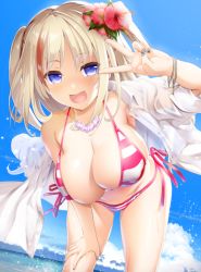 Rule 34 | 1girl, :d, akazawa red, bare shoulders, bikini, blue eyes, blue sky, breasts, brown hair, cleavage, commentary request, day, dress shirt, fang, flower, hair flower, hair ornament, halterneck, hand on own thigh, large breasts, leaning forward, long hair, looking at viewer, md5 mismatch, nail art, nail polish, open clothes, open mouth, open shirt, original, outdoors, pink flower, resolution mismatch, shirt, short sleeves, side-tie bikini bottom, sky, smile, solo, source larger, strap gap, striped bikini, striped clothes, sunlight, swimsuit, thighs, two side up, v, white shirt