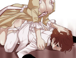 Rule 34 | 00s, 1boy, 1futa, anal, breasts, brown eyes, brown hair, cleavage, clothed sex, code geass, cum, cum in ass, doggystyle, drawing, dress, femdom, futa on male, futa with male, futanari, hand on another&#039;s head, kouzuki kallen, kururugi suzaku, large breasts, male penetrated, no testicles, on floor, pegging, sex, sex from behind, shiraishi asuka, tears, torn clothes