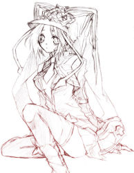 Rule 34 | 1girl, arc system works, boots, fingerless gloves, gloves, greyscale, guilty gear, guilty gear 2, hat, jacket, knee up, lineart, long sleeves, looking at viewer, monochrome, necktie, short hair, simple background, sketch, solo, tareme, tassel, thighhighs, valentine (guilty gear), white background, zettai ryouiki