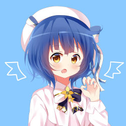 Rule 34 | 1girl, beret, blue background, blue hair, blush, bow, brown eyes, claw pose, commentary request, deyui, fang, fingernails, flower, gochuumon wa usagi desu ka?, hair bow, hand up, hat, jouga maya, long sleeves, looking at viewer, open mouth, shirt, short hair, simple background, solo, upper body, white hat, white shirt, yellow flower