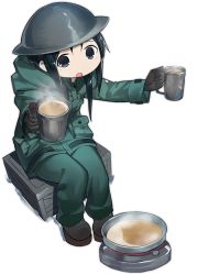 Rule 34 | 1girl, :o, ark order, black eyes, black hair, blush, brown footwear, brown gloves, chito (shoujo shuumatsu ryokou), cup, food, full body, gloves, green jacket, green pants, helmet, holding, holding cup, hood, hood down, hooded jacket, jacket, kzhu, long hair, long sleeves, looking at viewer, low twintails, military, military uniform, mug, official art, pants, pocket, pot, shoes, shoujo shuumatsu ryokou, sidelocks, sitting, solo, soup, steam, tachi-e, transparent background, twintails, uniform