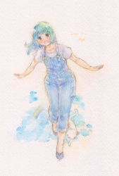 Rule 34 | 1girl, aqua hair, blue overalls, cape, collarbone, dated, dungarees, full body, head tilt, highres, looking at viewer, medium hair, open mouth, original, overalls, rainbow, shin1ar24, shirt, short sleeves, traditional media, watercolor pencil (medium), white cape, white shirt