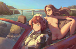 2girls bigrbear blue_sky boat clothed_female_nude_female completely_nude day highres long_hair maid multiple_girls nipples nude original outdoors sky uncensored watercraft