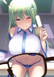 Rule 34 | 1girl, :p, ;), amisu, arm support, bare shoulders, blue bra, blue panties, blue skirt, blush, bow, bow panties, bra, breasts, collarbone, commentary request, detached sleeves, food, frog hair ornament, from above, green eyes, green hair, groin, hair ornament, hair tubes, hand up, holding, holding food, kochiya sanae, lace, large breasts, long hair, long sleeves, looking at viewer, navel, one eye closed, outdoors, panties, popsicle, shirt, single sidelock, sitting, skirt, sliding doors, smile, snake hair ornament, solo, stomach, tatami, thighs, tongue, tongue out, touhou, underwear, white shirt, wide sleeves, x-ray glasses, x-ray vision