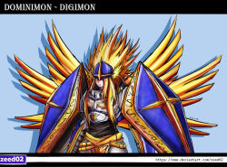 Rule 34 | 1boy, angel, angel boy, armor, digimon, digimon (creature), dominimon, male focus, mask, solo, wings