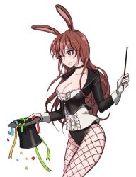 Rule 34 | 1girl, animal ears, blush, breasts, brown eyes, brown hair, rabbit ears, choker, cleavage, coat, corset, cropped jacket, ecru, fishnet pantyhose, fishnets, frilled shirt, frills, gloves, hat, long hair, long sleeves, pantyhose, rwby, shirt, simple background, solo, top hat, velvet scarlatina, wand, white gloves