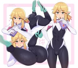 Rule 34 | 1boy, anus, aqua eyes, artist name, ass, ballet slippers, black bodysuit, blonde hair, bodysuit, bulge, cosplay, covered anus, covered collarbone, crossdressing, cup, disposable cup, drinking, drinking straw, ear piercing, english text, feet out of frame, feet up, green footwear, grimace shake (meme), holding, hood, hood down, hooded bodysuit, impossible bodysuit, impossible clothes, legs, link, long hair, looking at viewer, lying, male focus, marvel, meme, multicolored bodysuit, multicolored clothes, multiple views, nintendo, on back, on stomach, piercing, pink bodysuit, pointy ears, ponytail, rezodwel, skin tight, smile, spider-gwen, spider-gwen (cosplay), spider-man: into the spider-verse, spider-man (series), spider-verse, spider web print, sweat, the legend of zelda, the legend of zelda: breath of the wild, the pose, thighs, toned, toned male, trap, watermark, web address, white background, white bodysuit