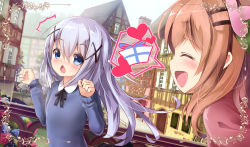 Rule 34 | 2girls, :d, ^^^, ^ ^, blue eyes, blush, brown hair, closed eyes, dutch angle, facing another, floating hair, flower, gift, gochuumon wa usagi desu ka?, hair between eyes, hair flower, hair ornament, hairclip, highres, hoto cocoa, kafuu chino, long hair, looking at another, missile228, multiple girls, nose blush, open mouth, outdoors, silver hair, smile, speech bubble, town, wavy mouth, x hair ornament